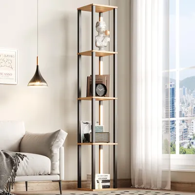Produktbild von Flieks beleuchtetes Regal mit dreifarbige einstellbare LED-Beleuchtung, Hochregal, Bücherregal 26x26x165cm, Naturholzfarbe+Schwarz