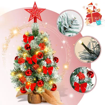 Obrázok produktu pre Vianočný stromček Peviasot Mini, výška 40 cm, červený, s 30 LED diódami, 50 vetvičkami, drevenou základňou, ozdobami (hviezda, gule, mašle) a darčekovými krabicami