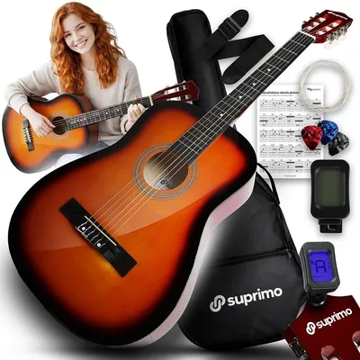 Productafbeelding van SUPRIMO CGS3 SB klassieke gitaar, 4/4, sunburst finish, geschikt voor beginners. Inclusief stemapparaat, plectrums, gitaarband, extra snaren, gigbag en akkoordenkaart