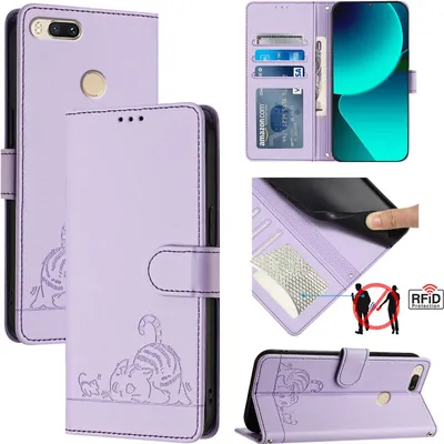 Produktbild von Leder Hülle für Xiaomi Mi A1 / Mi 5X Süße Katze Flip Case Brieftasche Schutzhülle mit Standfunktion Lila