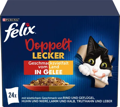 Productafbeelding van FELIX Dubbel Lekker Natvoer voor Katten. Diverse smaken, afkomstig van het platteland. 24 zakjes