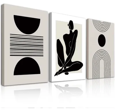 Productafbeelding van Set van 3 ingekaderde wanddecoraties, boho-stijl, abstract, zwart en beige, canvas, 12x16 inch
