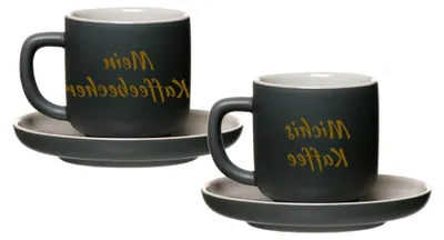 Produktbild von Personalisierte Espressotassen mit Untertassen Jasper 2er Set, 90 ml, Goldgravur auf Tassen, 2-zeiliger Gravurbereich für individuellen Text, Steinzeug, Grau