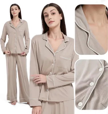 Produktbild von Zweiteiliger Mädchen-Pyjama, Langer Anzug In Taupe Mit Weisser Bordüre Xl