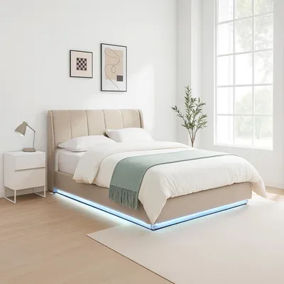 A bedroom scene with a bed as the main focus.