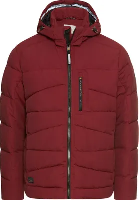 A studio shot of a red puffer jacket.