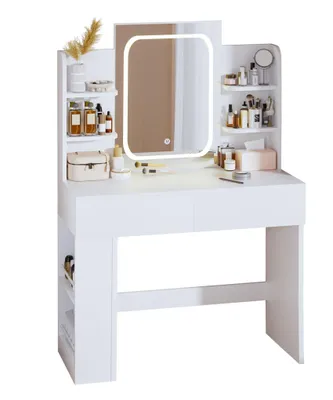 Produktbild von Yorbay Schminktisch mit Beleuchtung, Schminktisch mit Spiegel und LED Lichtleiste (90x40x135 cm), DREI Farbtemperaturen,8 offene Fächer + 2 Schubladen
