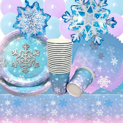 Productafbeelding van Omgoods- Verjaardagsdecoratie Sneeuwvlokken - Feestservies 75 Stuks - Tafelkleed - Borden/Kopjes/Servetten - Ballonnen - Geschikt voor 20 Gasten