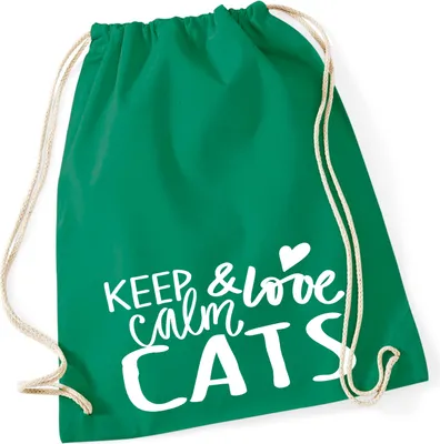 Produktbild von Huuraa Turnbeutel Keep calm and love Cats 12 Liter Kelly Green Baumwolle Rucksack Geschenkidee