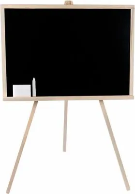 A black chalkboard on a wooden easel with a piece of chalk and an eraser.