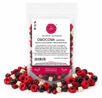 Zdjęcie produktu dla Owocowa Harmonia - 100g Doypack Malina, Owoce liofilizowane