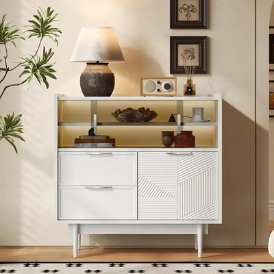 Produktbild von Sideboard mit LED-Lichtleiste - 80 cm breit - Glas-Schiebetüren & offene Fächer