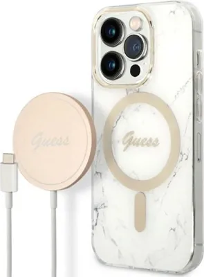 Produktbild von Guess GUBPP14LHMEACSH Hülle + Ladegerät Set iPhone 14 Pro 6,1" weiß/weiße Hartschale Marble MagSafe Schutzhülle