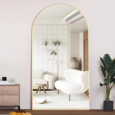 Produktbild von Bogen-Ganzkörperspiegel, 198x96cm Bodenspiegel, Bodenspiegel Freistehender Ganzkörperspiegel mit Ständer für Schlafzimmer, Hängender montierter Spiegel für Wohnzimmer Garderobe, Gold