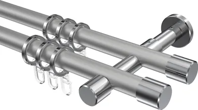 Produktbild von Interdeco Gardinenstange / Vorhangstange Silbergrau / Chrom, Typ Prestige Santo (Kappe), 20 mm Ø 2-läufig, 200 cm