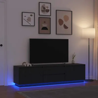Image de Meuble TV exclusif avec éclairage LED, finition imitation chêne noir, dimensions : 193,5 x 41 x 50 cm