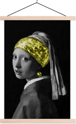 Produktbild von MuchoWow® Textilposter Mädchen mit einem Perlenohrring - Johannes Vermeer - Gelb 120x180 cm mit holzfarbenen Rahmen - Textil-Plakat