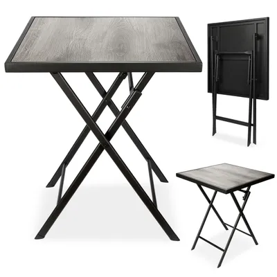 Produktbild von BRUBAKER Gartentisch Bergamo - 58 x 58 cm Balkontisch wetterfest - Metall Campingtisch eckig mit Holz Optik - Klapptisch für Balkon Terrasse, Grau