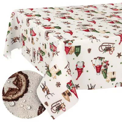 Tischdecke Weihnachten Weihnachtszwerg Rot-Grün 180x120cm Schnittkante Wasserabweisend, Hauptbild in hoher Auflösung