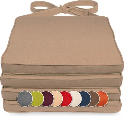 Produktbild von sunnypillow 4er Set Stuhlkissen 40 x 45 x 5cm | Polsterauflage Auflage für Stühle / Rattanstühle | Stuhlauflage mit Schleifenbändern | Indoor / Outdoor | Beige |