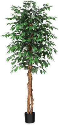 Image de Ficus artificiels en bois naturel, 180 cm, pour le bureau et la maison, décoration d'intérieur et d'extérieur
