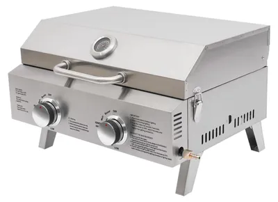 Image de Barbecue à gaz portable pour table – Grill pliable – Double brûleur – Thermomètre – Acier inoxydable, idéal pour le camping et la terrasse – Argenté