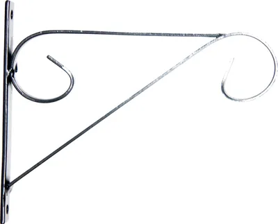 A metal hanging basket bracket with decorative scrollwork.