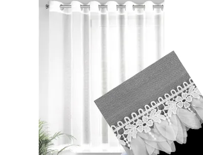Obrázok produktu pre Hotová záclona s krúžkami - Syilvi, biela s elegantným kvetinovým okrajom 300 x 150 cm, ZA-429566