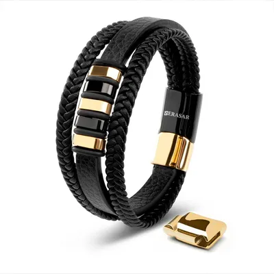 Image de SERASAR | Bracelet en cuir pour homme [Glory] en acier inoxydable | Couleur : Or | Longueur : 20cm