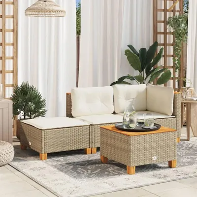 Produktbild von Polyrattan-Gartenhocker mit Kissen, Fußhocker für ein Outdoor-Lounge-Set, 63,5x56x32 cm, Beige