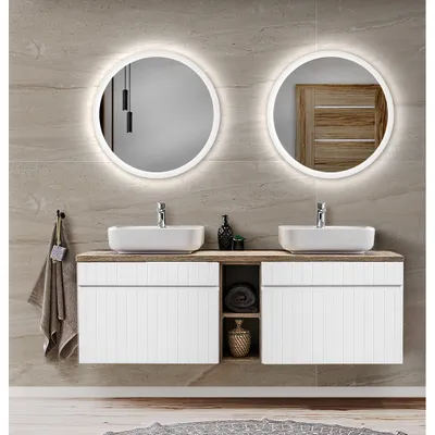Produktbild von Badezimmer Waschplatz in weiß matt mit Vintage Eiche Nb. IRAKLIO-56 Doppelwaschbecken mit Unterschrank, 2 LED Spiegel, B/H/T: ca. 140,4/200/46 cm