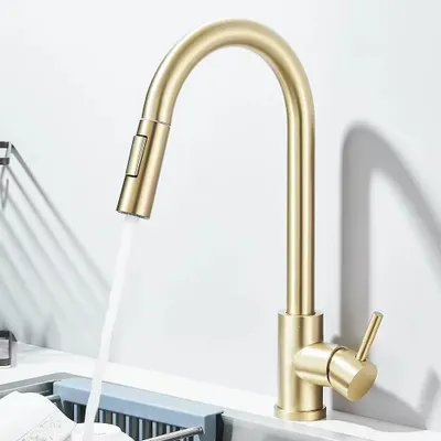 Produktbild von Küchenarmatur - Ausziehbare Spültischarmatur - 360° Schwenkbar - 2 Strahlarten - Kalt- und Warmwasser - 304 Edelstahl - Einlochmontage - Gebürstetes Gold
