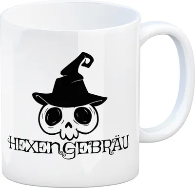 Produktbild von Kaffeebecher mit lustigem Halloween Motiv - Totenkopf mit Hexenhut