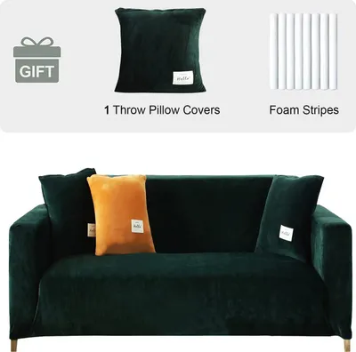 Obrázek produktu pro Sametový potah na pohovku 1 Seater- Soft Stretch Couch Cover Non-Slip Sofa Cover Plush Sofa Slipcovers with 1 Cushion Cover for Living Room, Green, 1-Seater
