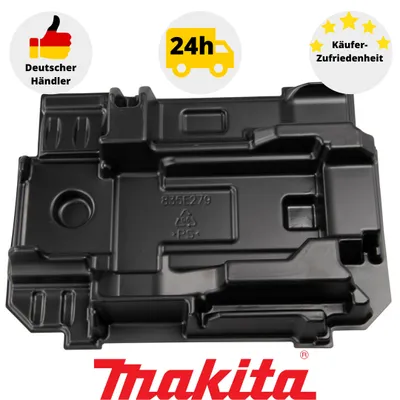 A black plastic insert tray for tool storage, with promotional icons and text in the upper corners and a brand logo at the bottom.