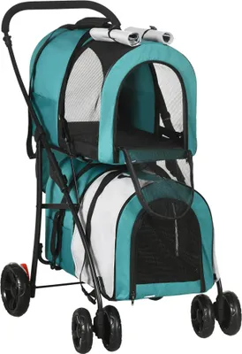 Image de Poussette pour chiens - Double, pliable - 2 paniers amovibles - Sangles de sécurité et coussins - Pour les petites races jusqu'à 20 kg - 66 × 50 × 98 cm - Vert