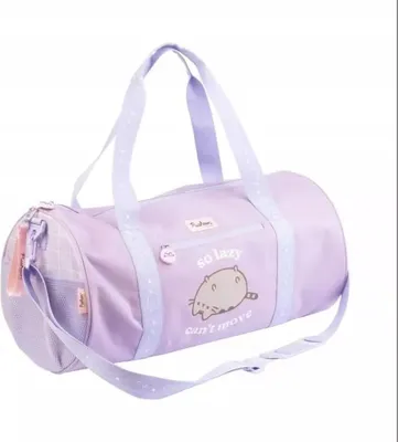 A purple duffel bag with a Pusheen cat graphic and text.
