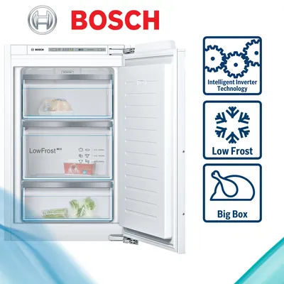 A Bosch built-in freezer with its door open, showing the interior drawers and food items. Marketing icons are displayed to the right.