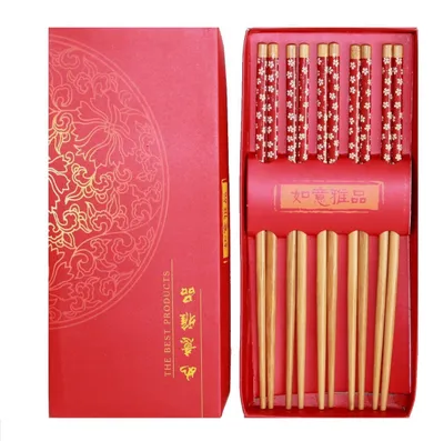 Produktbild von 483 Essstäbchen Geschenkset 5 Paar aus Bambus Holz mit rot verziertem Griff