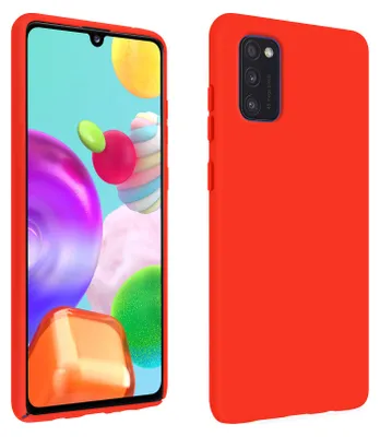 A product image showing a red silicone phone case for a Samsung Galaxy A41. The phone case is shown from two angles: front and back.