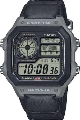 A close-up studio shot of a Casio digital watch with a black leather strap.