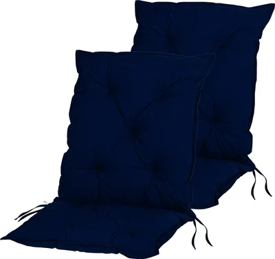 Two navy blue chair cushions are shown against a white background.
