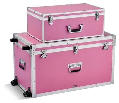 Produktbild von 2 x Transportkoffer Aufbewahrungskisten Abschließbar, Große Aufbewahrungskiste mit Rollen und 3 Metallgriffen, Transportruhe mit Deckeln für die Wohnung in Rosa