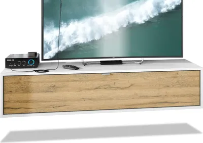 Produktbild von Vladon TV Board Lana 140 Hängeschrank Lowboard 140 x 29 x 37 cm,  Germany, Korpus in Weiß matt, Fronten in Eiche Natur | Große Farbauswahl