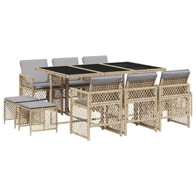 Produktbild von 11-tlg. Garten-Essgruppe mit Kissen Beige Poly Rattan