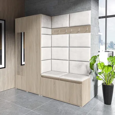 Produktbild von Garderoben-Set "CLEO", Moderner Kleiderschrank mit Polsterplatten und Schuhschrank – Ideal für Flur und Eingangsbereich (Sonoma Eiche, Trinity 01)