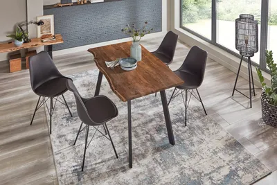 Produktbild von 5tlg. Essgruppe Laxmi 140 x 80 cm, Akazienholz massiv, nussbaumfarben, Baumkantentisch mit Vier Metallbeinen in Schwarz + 4X Schalenstuhl Lerche in Schwarz