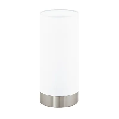 A white cylindrical table lamp with a silver base, isolated on a white background.