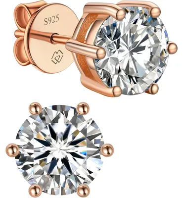 Productafbeelding van Oorbellen met moissanit, verguld met 585 goud, zilver (925) in rosékleur, 2 karaat, 6,5 mm, met een 6-klauw zetting, hypoallergeen, cadeau voor dames