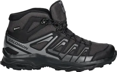 A black and gray Salomon hiking boot is shown against a white background.